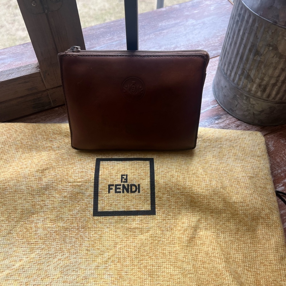 Fendi Brown Leather Zip Pouch